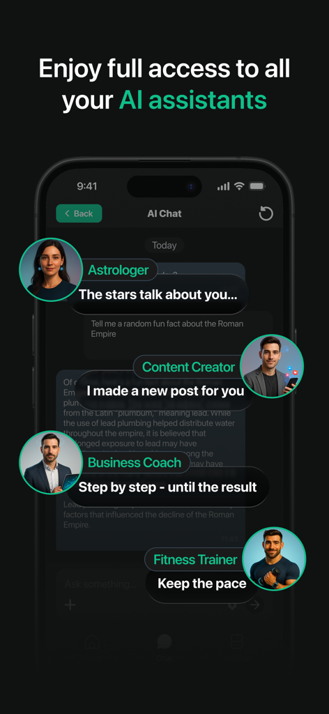 Interfaz de la aplicación ChatCom 6 que muestra asistentes de IA especializados para contenido empresarial y estado físico.