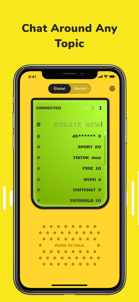A mobile app interface displaying a list of global voice chat channels with different topics on a yellow walkie talkie themed background.