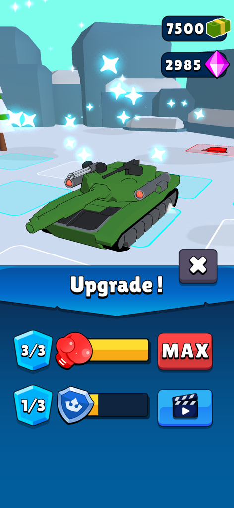 Army Merge tank upgrade interface showing stats and currency