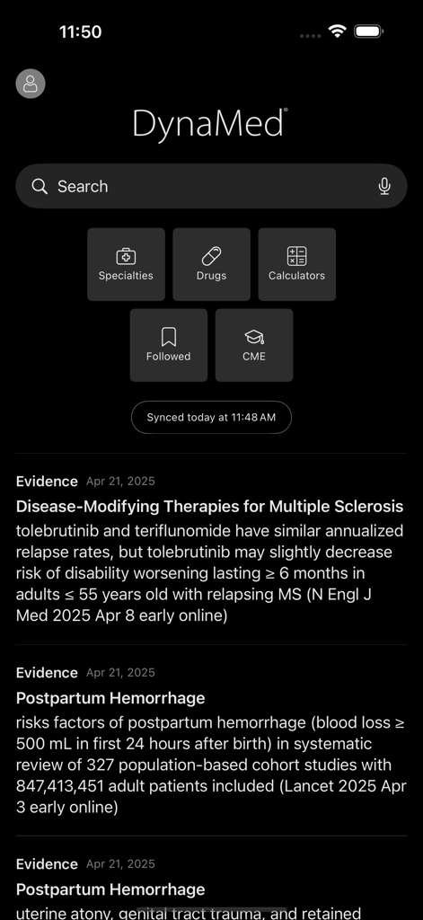 DynaMed - DynaMed app home screen showing search bar, medical calculators, drug references, and a feed of recent clinical evidence updates.
