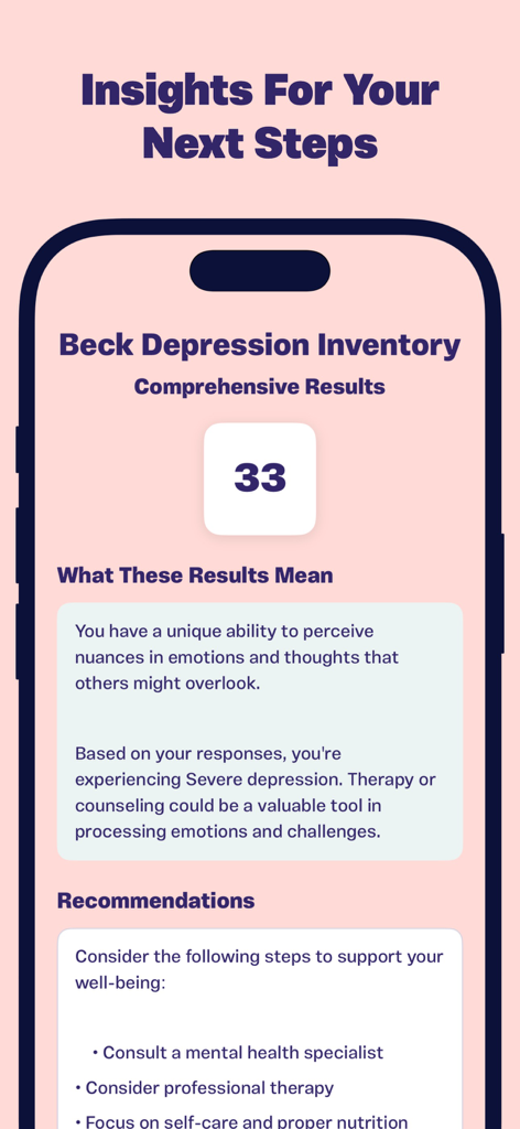 Depression Test App - 심각한 우울증을 나타내는 벡 우울증 재고 조사 점수 33점과 다음 단계 권장 사항을 보여주는 모바일 앱 화면