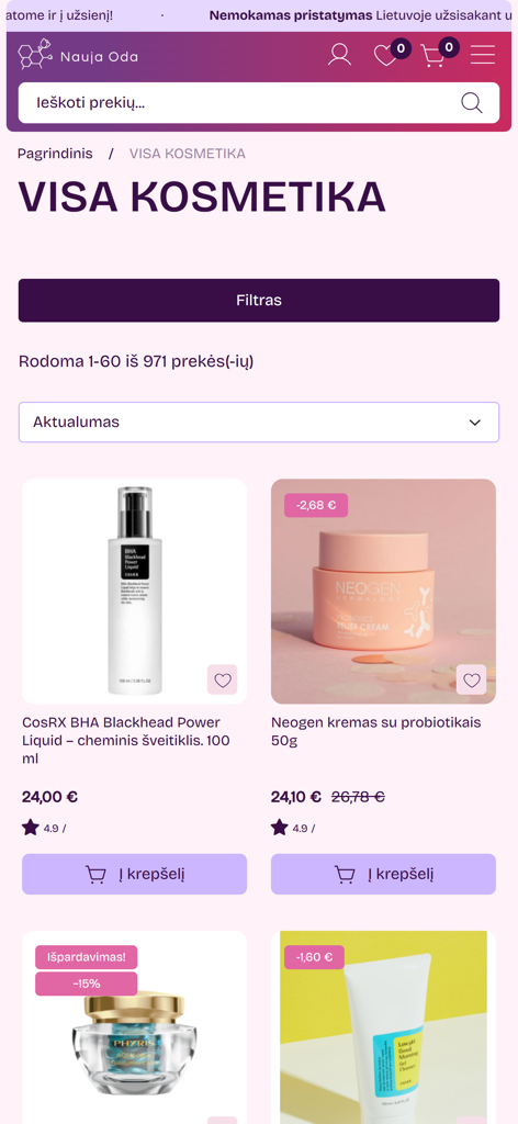 NaujaOda.lt - NaujaOda.lt mobile app screen displaying a catalog of skincare products with prices and ratings