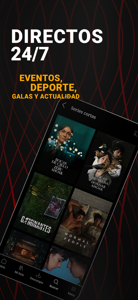 Interface de l'application RTVE Play affichant le streaming en direct 24h/24 et 7j/7 et une collection de séries courtes