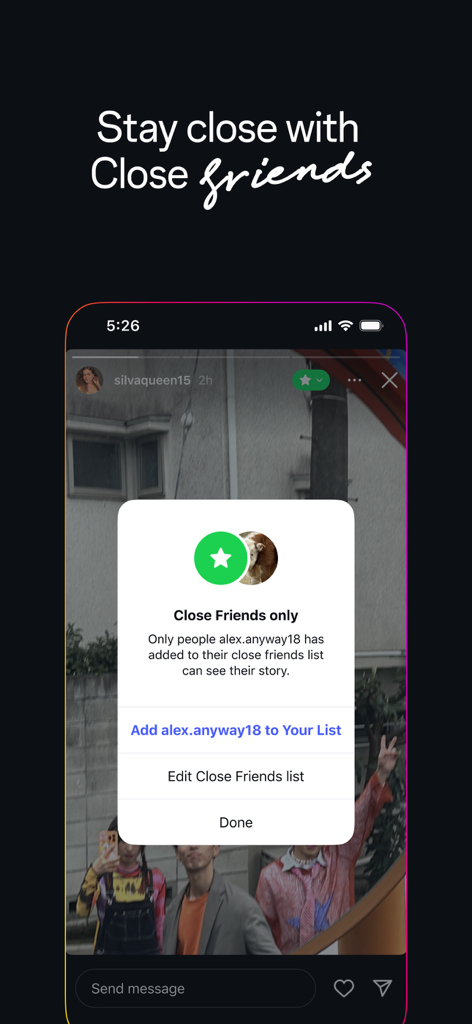 Instagram app screenshot showing the Close Friends story privacy feature and list management options