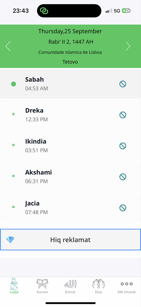 Kurani ne Shqip - A mobile app screen displaying Islamic prayer times in Albanian.
