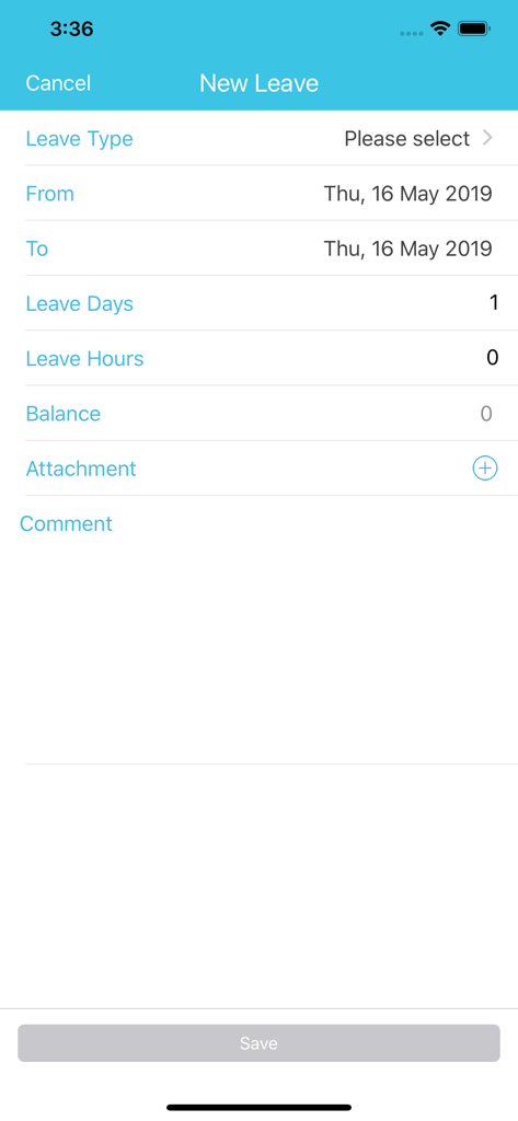 Datacom MyPay mobile app interface for submitting a new leave request showing date and leave type fields