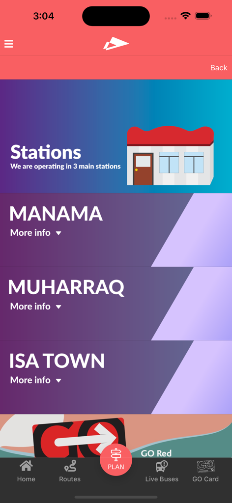 Bahrain Bus - Bahrain Bus app screen displaying main stations including Manama Muharraq and Isa Town