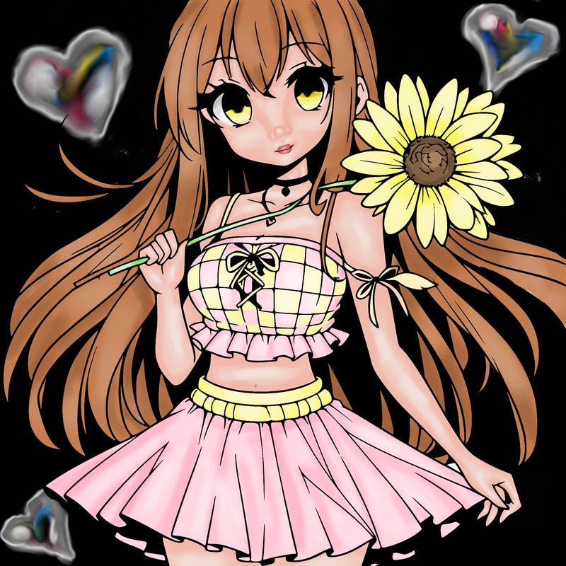 anime girl holding a flower wearing a skirt and crop top