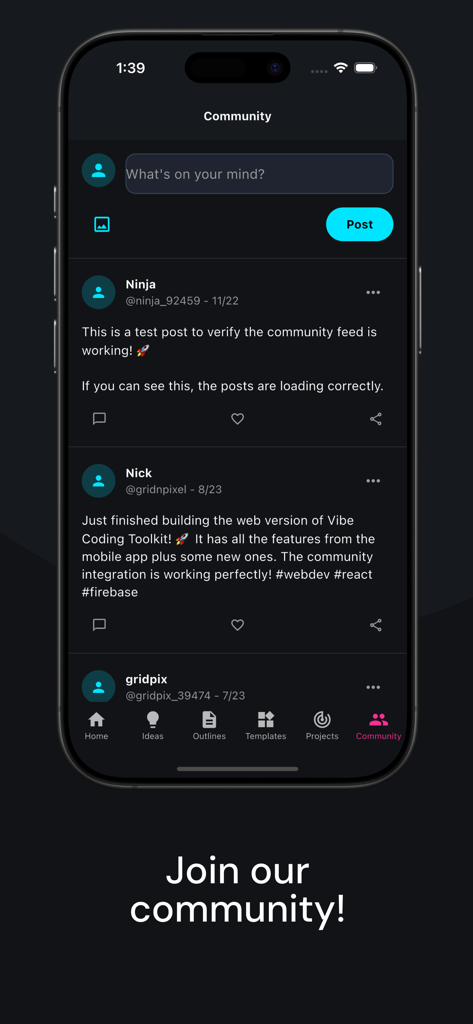 Vibe Coding Toolkit - Tela de feed da comunidade no aplicativo Vibe Coding Toolkit mostrando postagens de desenvolvedores e interações sociais.