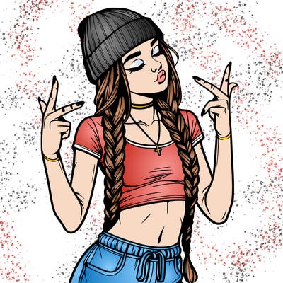 realistic teenage girl with braids and a beanie and crop top doing 🫶🏼
