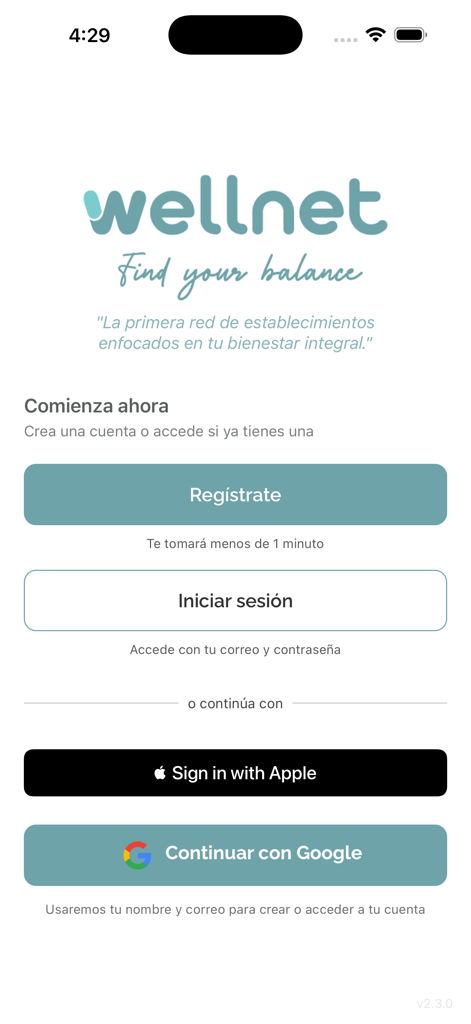 Wellnet app welcome screen with login and registration options for holistic wellness services.