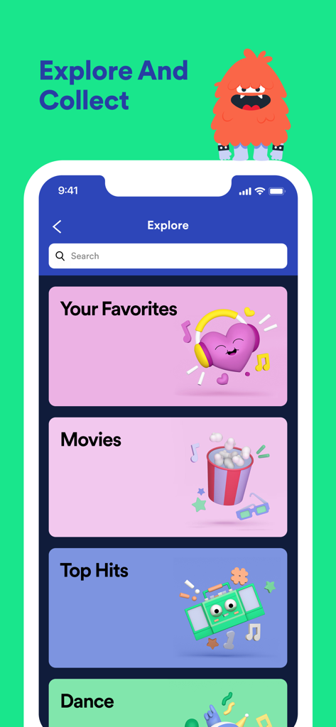Spotify Kids - Spotify Kids app interface showing the explore page with various music categories