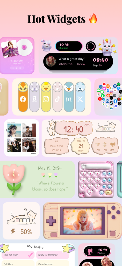 Aesthetic Kit: Photo Widget - Una colección de widgets estéticos coloridos y bonitos para la personalización del iPhone, con varios temas e iconos.