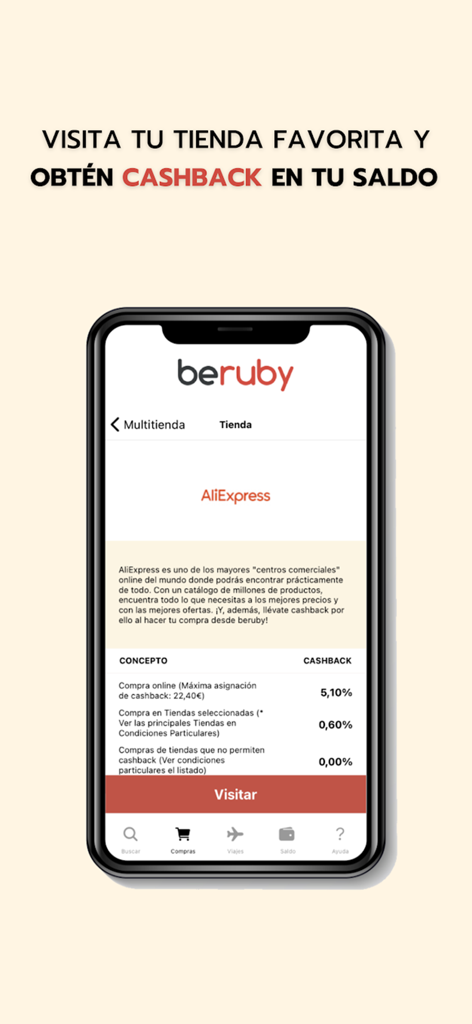 La pantalla de la aplicación beruby que muestra ofertas de reembolso y recompensas para AliExpress.