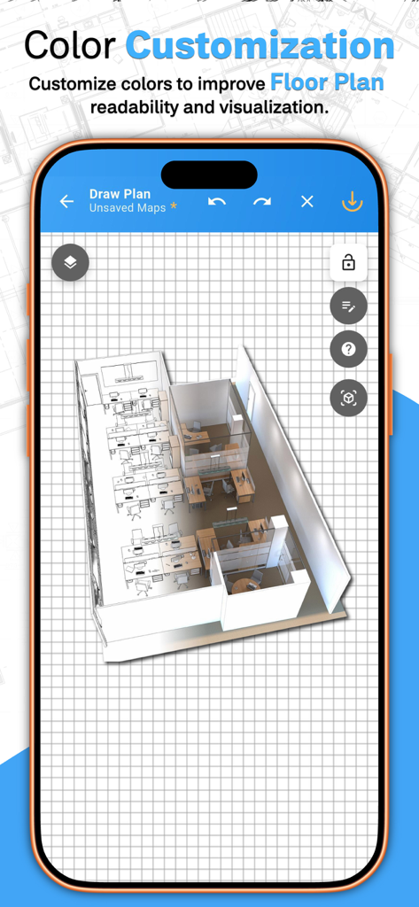 Floor Plan Designer: Home Map - Visualização 3D de uma planta baixa de escritório com opções de personalização de cores no aplicativo Designer de Plantas Baixas