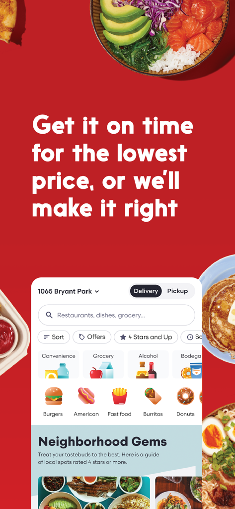 Seamless: Local Food Delivery - Seamless app interface showing local food delivery categories and an on-time lowest price guarantee message.