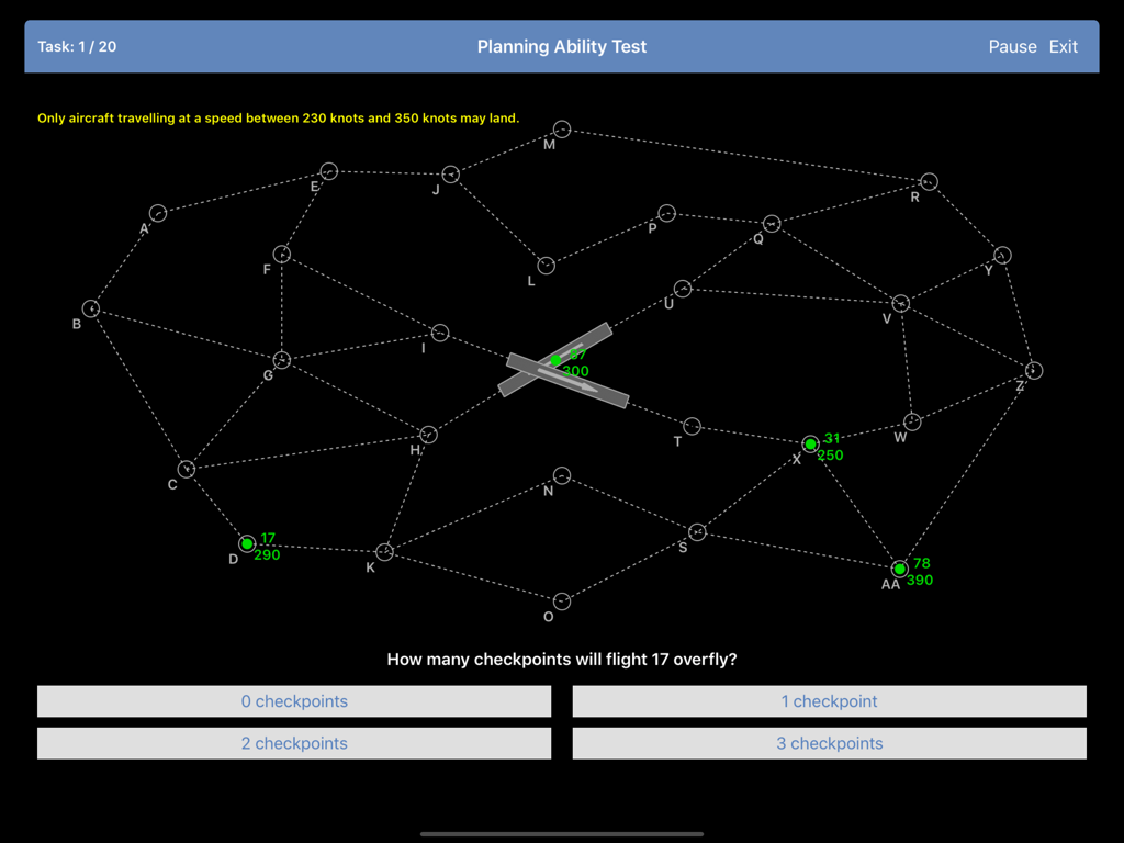 SkyTest Air Traffic Controller planning ability test training module showing a flight navigation chart and multiple choice questions