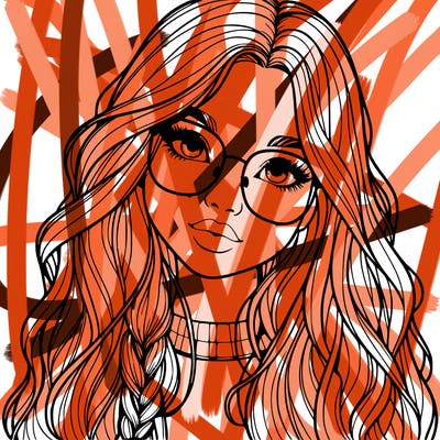 girl with long hair and freckles and glasses realistic