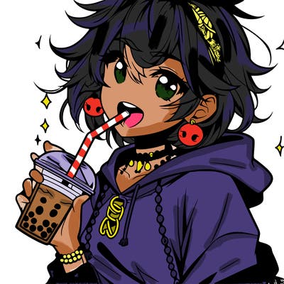 hot baddie anime girl drinking boba and biting the straw