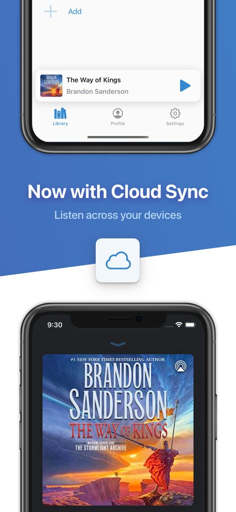 BookPlayer app interface on two mobile screens highlighting the Cloud Sync feature for listening across devices.