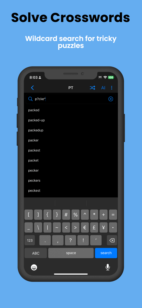 Pocket Thesaurus - Pantalla de la aplicación Pocket Thesaurus que muestra la función de búsqueda con comodines para resolver crucigramas