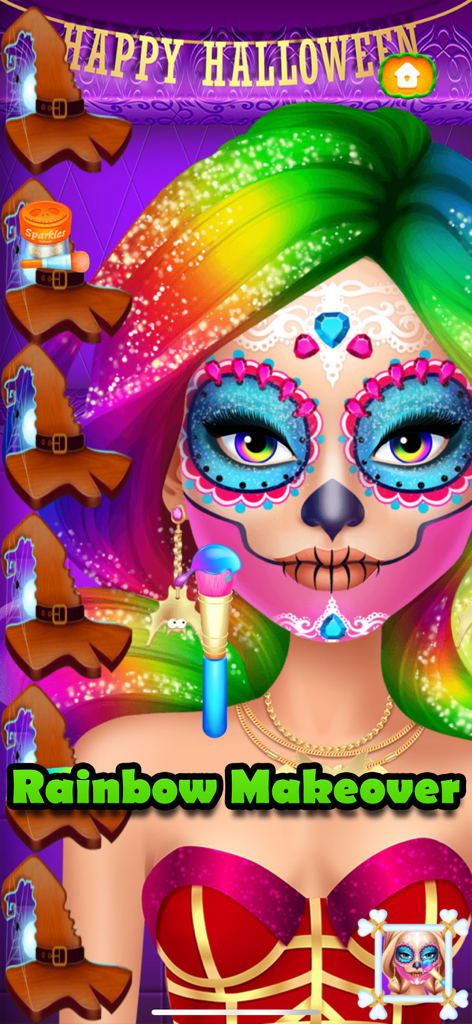 Halloween Makeover Simulator - A character with rainbow hair and sugar skull face paint in the Halloween Makeover Simulator app.