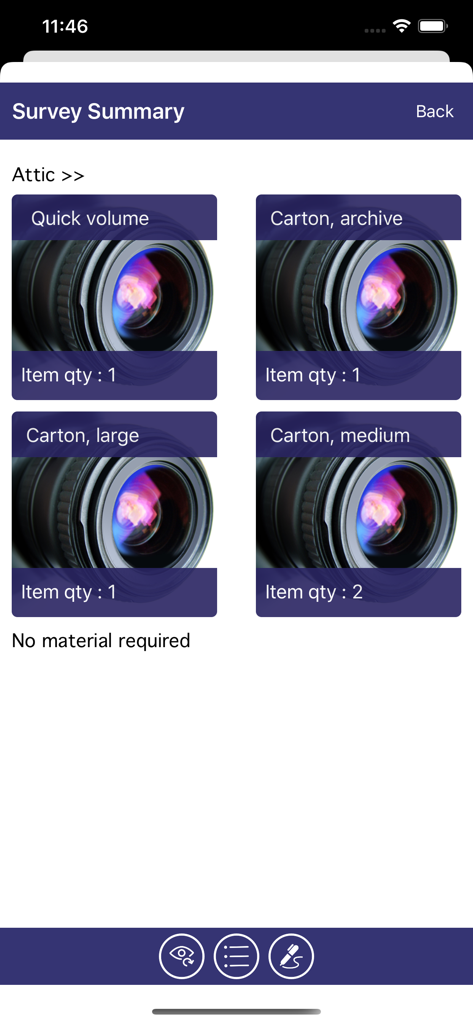 MoveMan Mobile survey summary screen displaying a list of cartons and items in an attic room.
