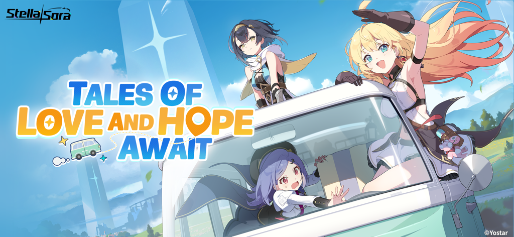 Stella Sora - Três personagens de anime em uma van vintage com o slogan "Histórias de Amor e Esperança Esperam"