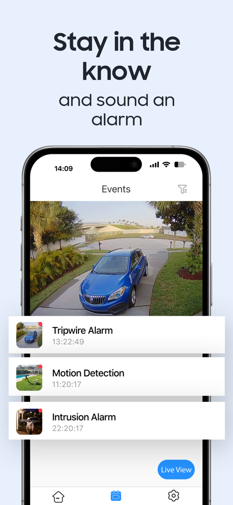 Amcrest View Pro 2 - Amcrest View Pro 2 app interface showing security event alerts for motion detection and intrusion alarms