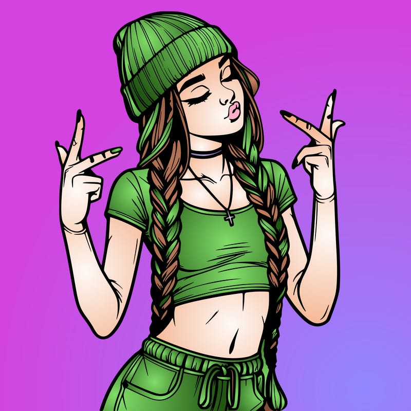 realistic teenage girl with braids and a beanie and crop top doing 🫶🏼