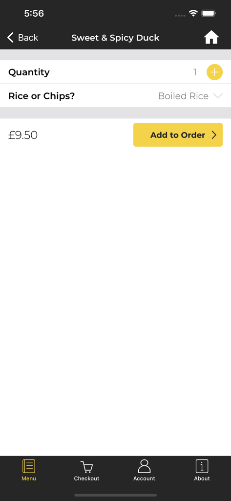 Selecting Sweet and Spicy Duck with boiled rice on the New Hong Kong Montrose mobile app