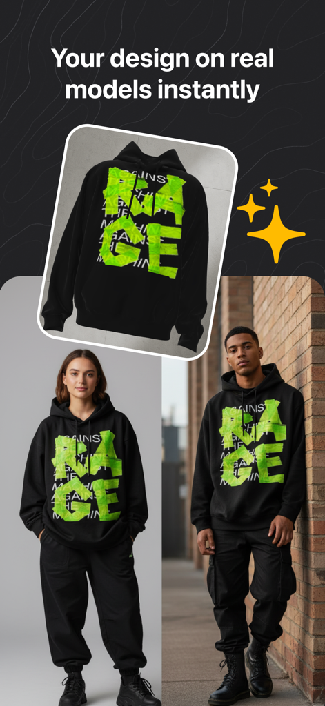 Mockup Clothing Design Tool - Custom hoodie design displayed on male and female models using the mockup clothing design tool