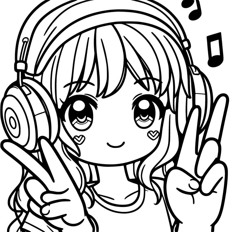 girl with headphones holding up a peace sign