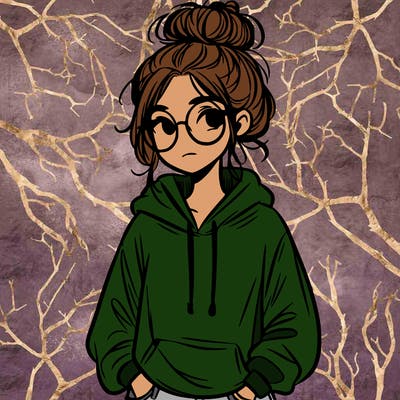 teen girl with a messy bun and glasses wearing a loose hoodie and jeans