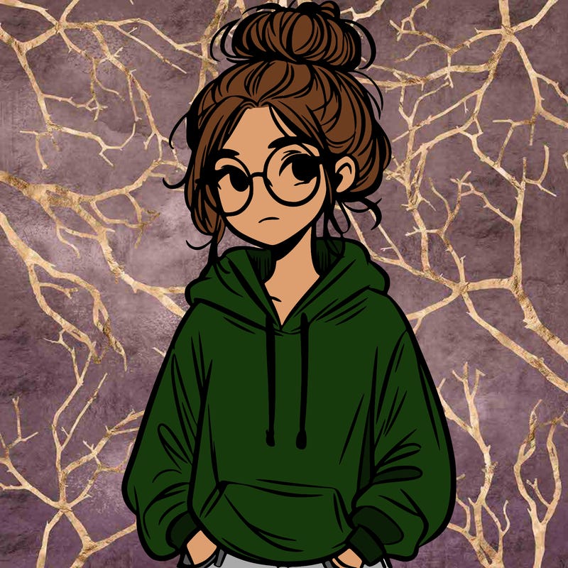 teen girl with a messy bun and glasses wearing a loose hoodie and jeans