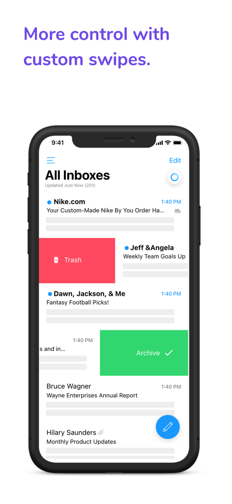 Email - Edison Mail - Edison Mailアプリのカスタムスワイプジェスチャーでメールをゴミ箱に移動したりアーカイブしたりできるモバイルスクリーンショット。