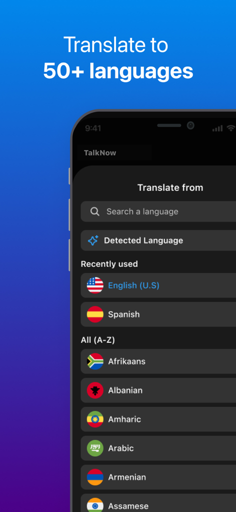 TalkNow - AI Translator - Language selection screen in the TalkNow AI Translator app showing a list of over 50 languages with flag icons
