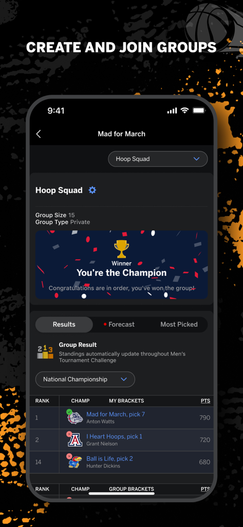 Una pantalla móvil de la aplicación ESPN Tournament Challenge que muestra una tabla de clasificación grupal y el anuncio del ganador.