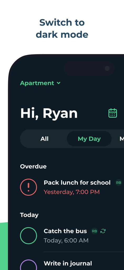 Chap: Chores Tracker & Chart - Chap Chores Tracker app interface displaying tasks and reminders in dark mode.