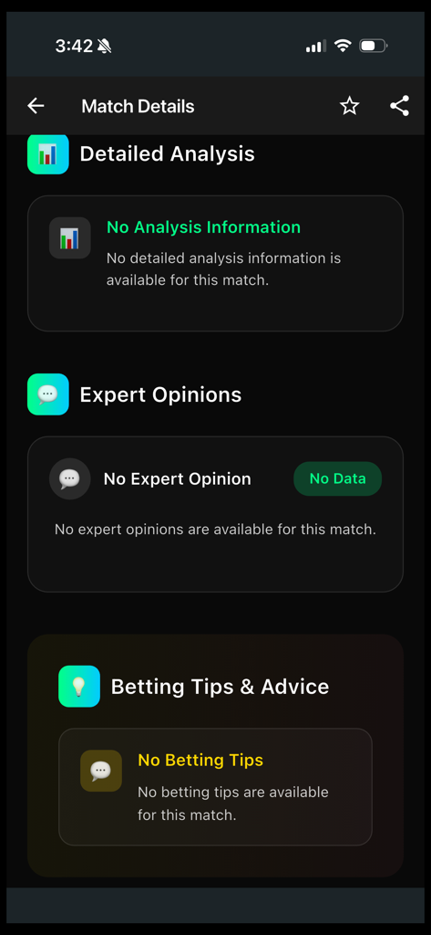 BetScore - AI Sports Analytics - BetScore app match details screen with analysis expert opinions and betting tips sections