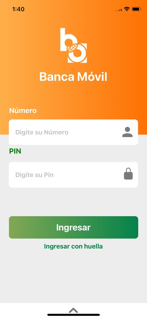 OCCIDENTE MÓVIL - Login screen of Occidente Movil mobile banking app with fields for account number and PIN