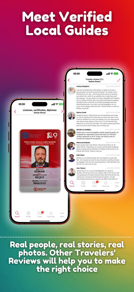 Private Guide World - Mobile app screens showing a verified local guide professional license and authentic traveler reviews.