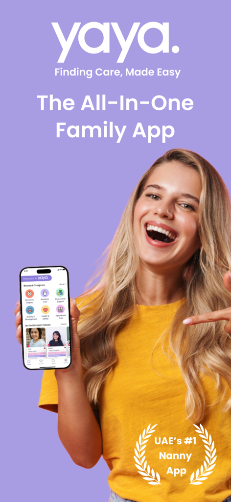 Yaya: Find a Nanny - 笑顔の女性がYayaファミリーケアアプリのインターフェースを表示したスマートフォンを手に持っています。