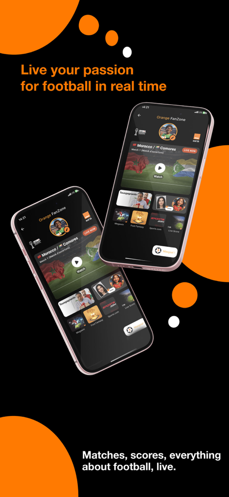 Orange Max it - Cameroon - Orange Max it Cameroon app showing live football scores and matches in the Orange FanZone
