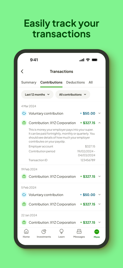 Mobile app interface of Rest Super showing a detailed list of superannuation contributions and transaction history.