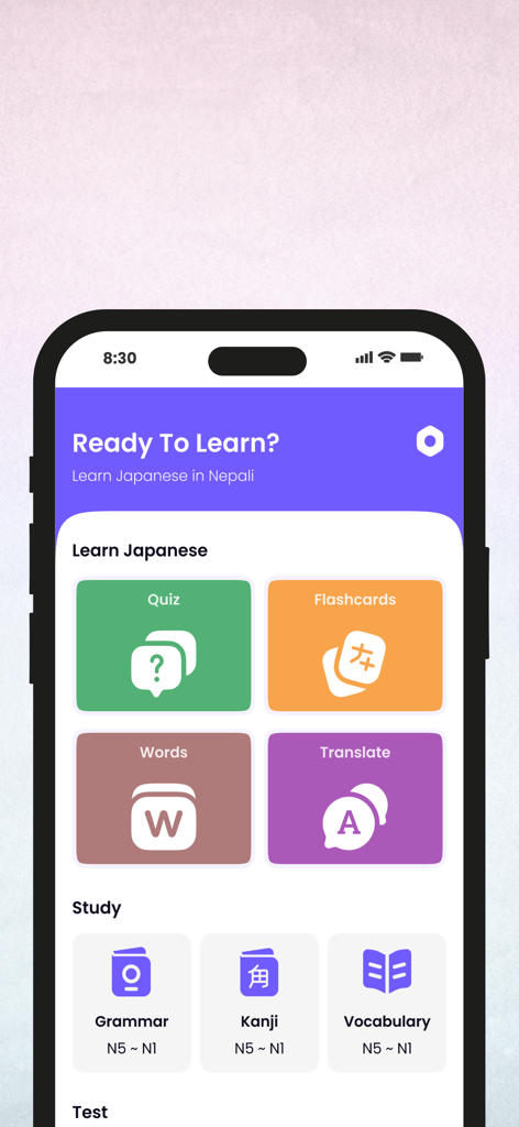 Main dashboard of the JLPT in Nepali mobile app featuring study modules for Kanji, grammar, and vocabulary alongside interactive tools like quizzes and flashcards.