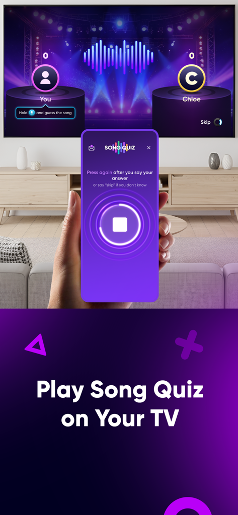 A person playing Song Quiz trivia game on a television using their smartphone