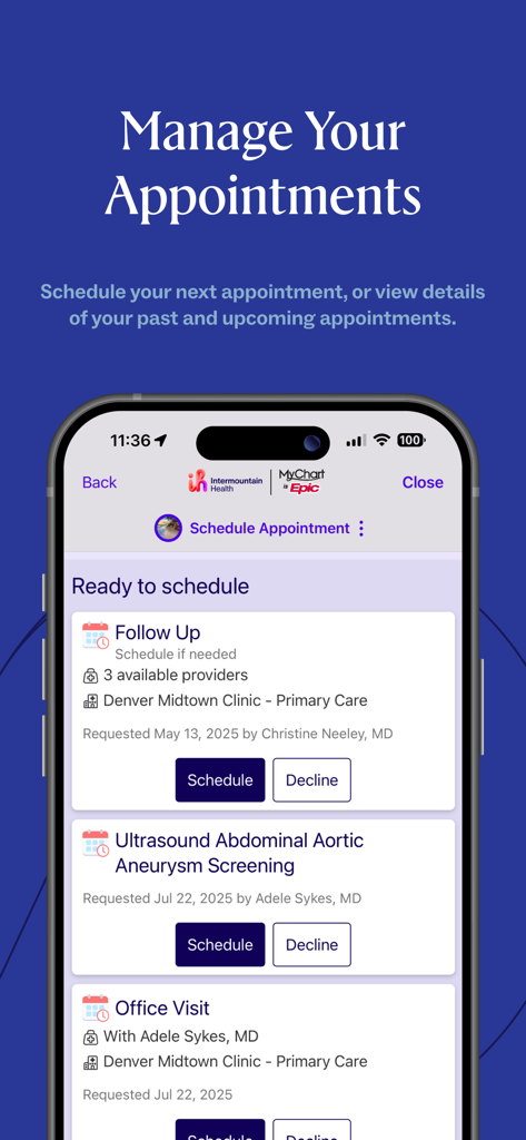 Mobile screen of the Intermountain Health app for managing and scheduling appointments