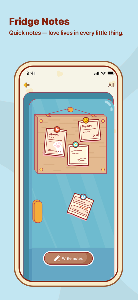 Una pantalla de refrigerador virtual donde las parejas pueden dejarse notas adhesivas digitales en la aplicación Couple2.