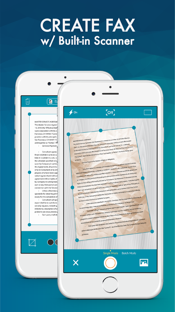 iPhone screen showing a document scanner with auto-corner detection for mobile faxing
